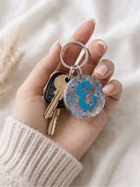 Personalized Glitter Resin Keychain with Blue Initial